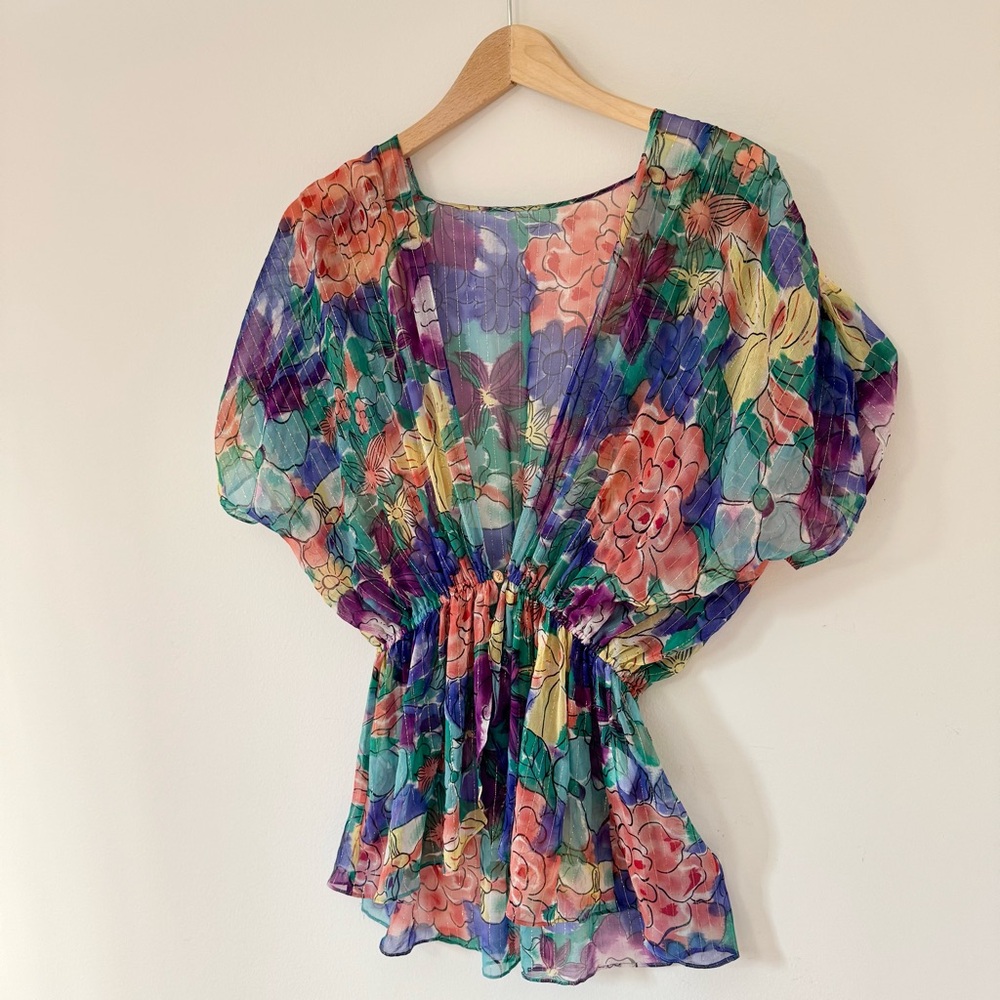 Anthropologie What Goes Around Comes Around 100% Silk Sheer Floral Blouse Size S - Picture 6 of 12